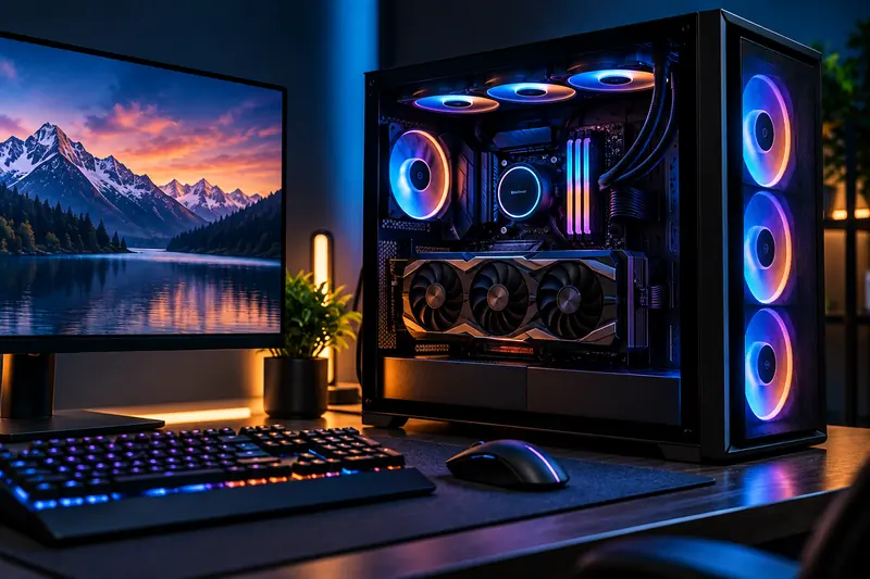 Illustration of a gaming desktop PC with RGB fans beside a monitor