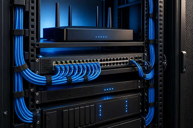 Illustration of a network switch with connected ethernet cables