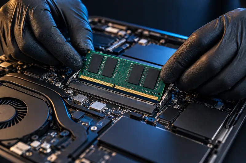 Illustration of a RAM module being fitted into a laptop motherboard